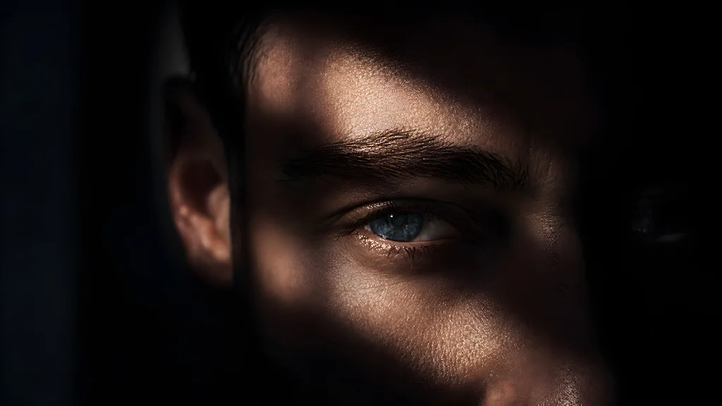 Cinematic close-up portrait of Klein (UK) in dramatic low light